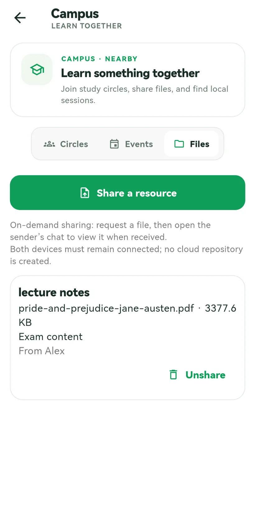 Echo Campus app screen showing resources and circles