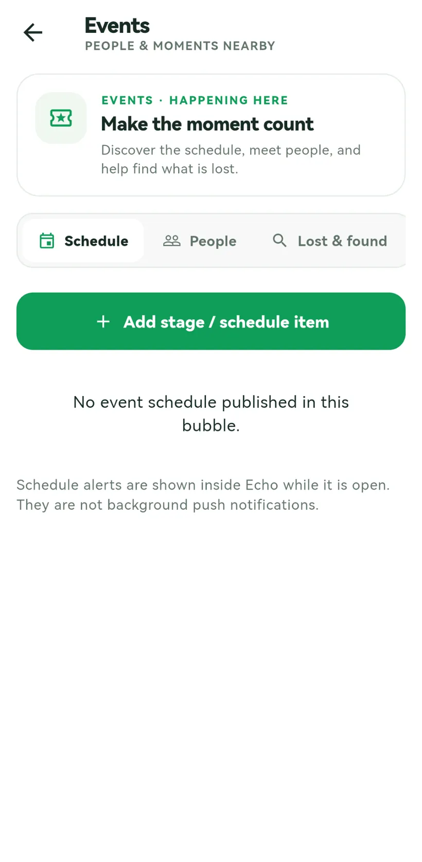 Echo Events app screen showing shared local schedules