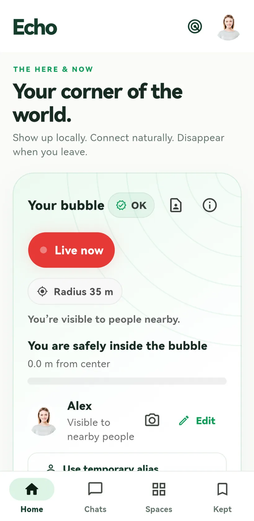 Echo Home screen showing an active temporary bubble