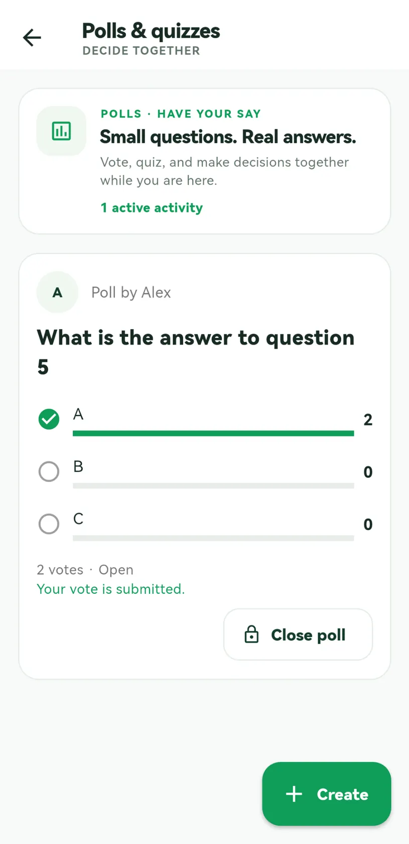 Echo Polls app screen showing decisions together